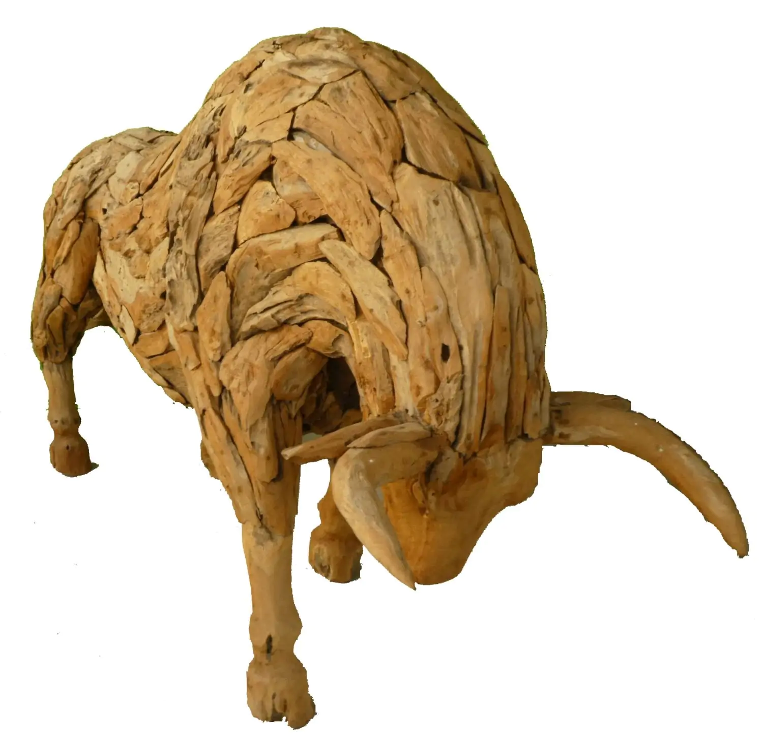  Product image 3 of the product “Standing Bull, with his massive head down. Artistic made made from single teak wood pieces. The head is carved wood. About 220cm length. ”